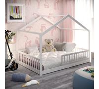 CADANI Malte Lit au Sol Lit Maison pour Enfants 140x200 cm Blanc, Barrière de sécurité, Design Montessori, Transformable, Bois Massif, sommier Inclus