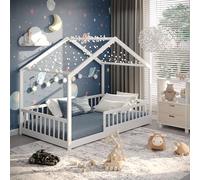 CADANI Malte lit Enfant 120x200 cm - lit cabane avec barrière Amovible, Jusqu’à 200 kg, sommier à Lattes Inclus, lit au Sol Montessori en pin Massif, Blanc