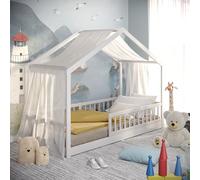 CADANI Malte lit Enfant 90x200 cm - lit cabane avec barrière Amovible, Jusqu’à 200 kg, sommier à Lattes Inclus, lit au Sol Montessori en pin Massif, Blanc