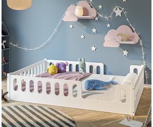 CADANI Monte 2en1 Lit au Sol 140x200 cm Blanc, Lit Enfant Montessori avec Barrière de Sécurité Amovible, Pèse 52 kg, Supporte jusqu'à 200 kg avec Sommier à Lattes Roulant Extra Solide, Transformable