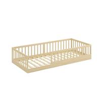 CADANI Timi Lit au Sol 90x200 cm Lit Enfant Montessori avec Barrière de Sécurité et Sommier à Lattes, Bois Massif Pin, Naturel, 3 Variantes de Construction