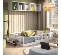 CADANI Timi Lit de Sol 120x200 cm Lit Enfant Montessori avec Barrière de Sécurité et Sommier à Lattes, Bois Massif Pin, Blanc, 3 Variantes de Construction