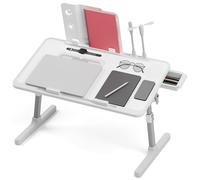 cadciehe Bureau de lit pliable pour ordinateur portable avec ventilateur de refroidissement, ventilateur de lumière, bureau pliable pour ordinateur portable de lit avec tiroir de rangement, gris