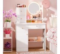 cadciehe Grand Bureau de vanité, Maquillage avec Miroir à LED Rond et lumières réglables, 4 tiroirs + Armoire Rangement, étagères Plusieurs Niveaux, éco Bois - Chambre/vanité Salle Bain pour Blanc