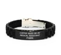 Cadeau amusant pour assistant médical - « Coffee Gives Me My Medical Assistant Power » Fermoir coulissant noir en acier inoxydable et silicone réglable pour la fête des mères Cadeaux uniques de la