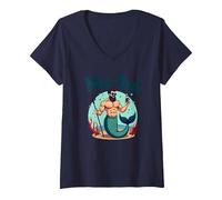 Cadeau Amusant pour la fête des pères et l'océan T-Shirt avec Col en V, Femme, Bleu Marine, XXL