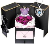 Cadeau Anniversaire Femme, Rose Violette Eternelle avec Collier en Argent Sterling et Ours Rose, Cadeaux Romantiques pour Saint Valentin,Anniversaire:Parfait pour Sa,Copine,Petite Amie et Maman