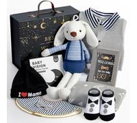 Cadeau Bébé Garçon, Cadeau Nouveau pour la Naissance, Ensemble Bébé Nouveau-né avec Couverture en Mousseline/Barboteuse Body Bébé/Bavoir Cadeau Baby Shower Révélateur de Genre