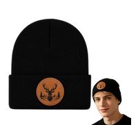Cadeau Chasseur, Bonnet Chasse Noir Avec Écusson Cerf En Cuir Pour Homme | 1 Bonnet En Maille De 19,5 X 20 Cm, Écusson En Cuir De 6 Cm, chasse accessoire Pour Randonnée, Camping Et Hiver