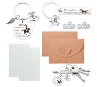 Cadeau cheval x2 porte-clés cheval gravé en acier inoxydable pour fille avec pendentifs, cartes DIY et enveloppes - idée cadeau symbolique pour cavalière, rentrée, anniversaire, décoration