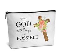 Cadeau chrétien pour femme, avec Dieu All Things Are Possible, petite trousse de maquillage, cadeau d'anniversaire d'amitié pour femmes et amis, trousse de maquillage en toile imperméable, essentiels