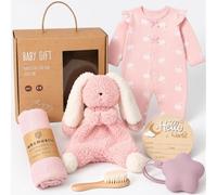Cadeau Coffret Naissance Fille avec Doudou Lapin, Cadeau Naissance Fille | Grenouillère, Lange en Mousseline, Brosse Cheveux, Boîte à Sucette en Silicone, Cartes de Jalon en Bois, Cadeau Baby Shower