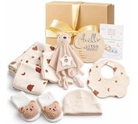 Cadeau Coffret Naissance Fille Garçon Petit Ours Coffret pour Nouveau-Né | Cadeau Naissance Comprenant Doudou Couverture Serviette Gant de Toilette Bavoir Chaussettes Bonnet Étapes et Carte de Vœux