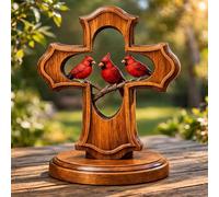 Cadeau commémoratif cardinal, décoration en forme de croix en bois fabriquée à la main pour condoléances et deuil, décoration religieuse oiseau rouge, cadeau en mémoire d'un être cher pour la maison