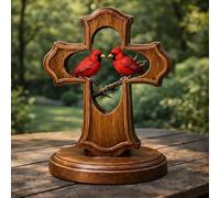 Cadeau commémoratif cardinal, décoration en forme de croix en bois fabriquée à la main pour condoléances et deuil, décoration religieuse oiseau rouge, cadeau en mémoire d'un être cher pour la maison