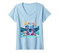Cadeau d'anniversaire 11 Ans et déjà génial pour 11e année T-Shirt avec Col en V, Femme, Bleu Céleste, S