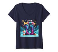 Cadeau d'anniversaire 11 Ans et déjà génial pour 11e année T-Shirt avec Col en V, Femme, Bleu Marine, XL