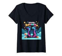 Cadeau d'anniversaire 11 Ans et déjà génial pour 11e année T-Shirt avec Col en V, Femme, Noir, L