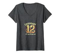 Cadeau d'anniversaire 12e Anniversaire de Douze et légendaires Dragons T-Shirt avec Col en V, Femme, Chiné Foncé, M