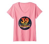 Cadeau d'anniversaire : 39 Ans et prêt à brûler Les ponts avec Citation Amusante T-Shirt avec Col en V, Femme, Rose, L