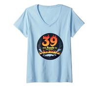 Cadeau d'anniversaire : 39 Ans et prêt à brûler Les ponts avec Citation Amusante T-Shirt avec Col en V, Femme, Bleu Céleste, L