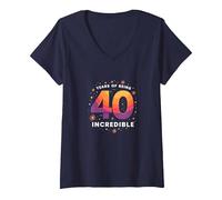 Cadeau d'anniversaire 40 Ans : Years of Being Incredible Celebration T-Shirt avec Col en V, Femme, Bleu Marine, L