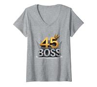 Cadeau d'anniversaire : 45 Years of Being a Boss Anniversary Crown T-Shirt avec Col en V, Femme, Gris Chiné, L