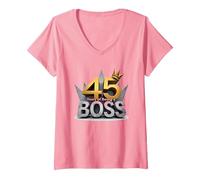 Cadeau d'anniversaire : 45 Years of Being a Boss Anniversary Crown T-Shirt avec Col en V, Femme, Rose, XL