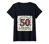 Cadeau d'anniversaire 50 Ans : Citation Humoristique « Old Enough to Know Better » T-Shirt avec Col en V, Femme, Noir, L