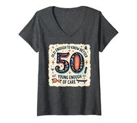 Cadeau d'anniversaire 50 Ans : Citation Humoristique « Old Enough to Know Better » T-Shirt avec Col en V, Femme, Chiné Foncé, L
