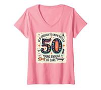 Cadeau d'anniversaire 50 Ans : Citation Humoristique « Old Enough to Know Better » T-Shirt avec Col en V, Femme, Rose, L