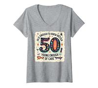 Cadeau d'anniversaire 50 Ans : Citation Humoristique « Old Enough to Know Better » T-Shirt avec Col en V, Femme, Gris Chiné, XXL