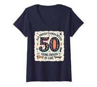 Cadeau d'anniversaire 50 Ans : Citation Humoristique « Old Enough to Know Better » T-Shirt avec Col en V, Femme, Bleu Marine, L
