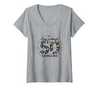 Cadeau d'anniversaire 50 Ans : « This is What 50 Looks Like » T-Shirt avec Col en V, Femme, Gris Chiné, XXL