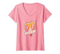 Cadeau d'anniversaire 70 Ans pour Homme - 70 & Still Rockin' T-Shirt avec Col en V, Femme, Rose, XL
