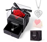 Cadeau d'anniversaire De Rose éTernelle, Cadeau Fleur de Rose Conservée à la Main avec Collier et Carte de Voeux, Idee Cadeau Anniversaire Saint Valentin Fete des Meres Noël pour Femme Maman