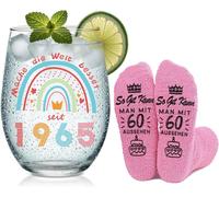Cadeau D'anniversaire Pour Femme 1965-Verre À Vin Avec Gravure Et 60e Chaussettes D'anniversaire-Verre À Vin Rouge Et Chaussettes-Cadeaux Amusants Pour 60 Ans-Pour Mère Grand-Mère S?Ur (1965)