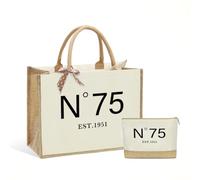 Cadeau d'anniversaire pour femme, sac de 75e anniversaire, cadeau pour sœur, maman, amie, épouse, tante, grand-mère, sac fourre-tout vintage réutilisable en toile de jute et trousse de maquillage avec