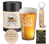 Cadeau d'anniversaire pour homme et femme, verre à bière vintage 1954, dessous de verre en bois, boîte à bière vintage, décapsuleur en bois, carte d'anniversaire et carte de vœux pour homme