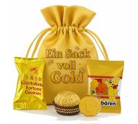 Cadeau d'argent « Ein Sack voll Gold » - Pochette cadeau élégante en satin doré avec impression amusante, friandises dorées et lingots d'or remplissables (en carton doré) Taille S