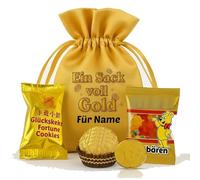 Cadeau d'argent « Ein Sack voll Gold » - Pochette cadeau élégante en satin doré avec impression amusante, friandises dorées et lingots d'or remplissables (en carton doré) Taille S