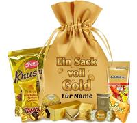 Cadeau d'argent « Ein Sack voll Gold » - Pochette cadeau élégante en satin doré avec impression amusante, friandises dorées et lingots d'or remplissables (en carton doré) Taille XL