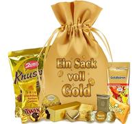 Cadeau d'argent « Ein Sack voll Gold » - Pochette cadeau élégante en satin doré avec impression amusante, friandises dorées et lingots d'or remplissables (en carton doré) Taille XL