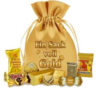 Cadeau d'argent « Ein Sack voll Gold » - Pochette cadeau en satin dorée élégante avec impression amusante, friandises dorées et lingots d'or remplissables (en carton doré) Taille L
