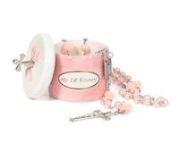 Cadeau de baptême pour fille - Boîte à souvenirs pour mon premier chapelet rose - Boîte à chapelet catholique rose pour enfants, décoration de baptême pour enfants, cadeau de première communion de la