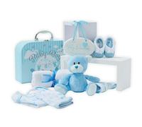 Cadeau de Bébé Nouveau-né Garçon - Panier Bleu Style Mallette avec Ourson, Brosse, Chaussons Tricotés, Bavoir, Bonnet, Mousseline et Plaque - pour Baby Shower
