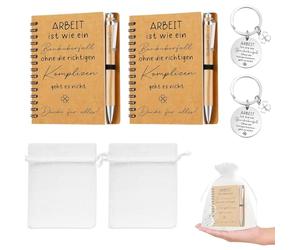 Cadeau de collègue Coffret cadeau avec 2 stylos à bille rétractables en bois, 2 carnets A6, 2 porte-clés trèfle à 4 feuilles et 2 sacs en toile Idéal pour les occasions spéciales, anniversair