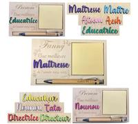 Cadeau de fin d'année personnalisé pour enseignants - Note et Stylo noir en Bambou - Convient pour maitresse, maitre, directrice, directeur, atsem, aesh, nounou et tata. Prénom maitresse + enfant
