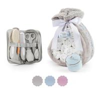 Cadeau de Naissance | Gâteau de Couches accompagné d'une Couverture Grise Personnalisée (Bleu, Set avec Trousse de Bain)