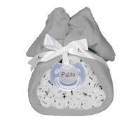 Cadeau de Naissance | Gâteau de Couches | Couverture Grise Brodée avec Prénom + 15 couches Moltex Premium | Taille 2 (3 à 6 Mois) + Sucette Personnalisée (Bleu) | BebeDeParis
